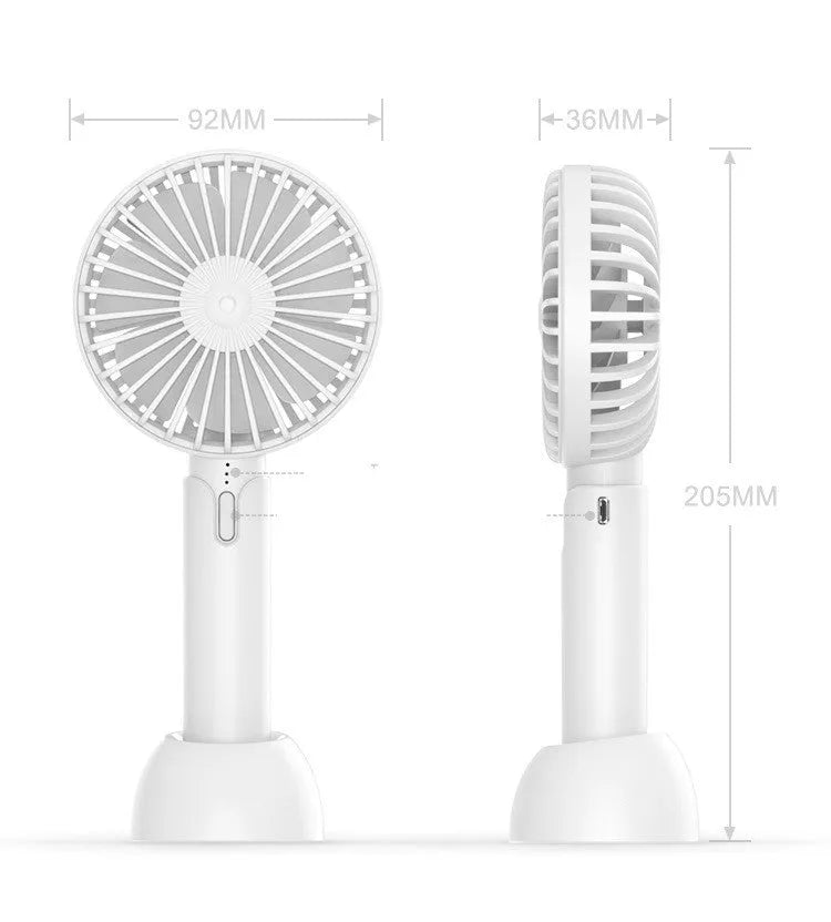 Blue USB-powered mini handheld fan with three-speed control and compact design