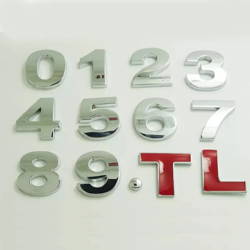 Zinc alloy 3D car bumper sticker showing raised metallic letter on black background