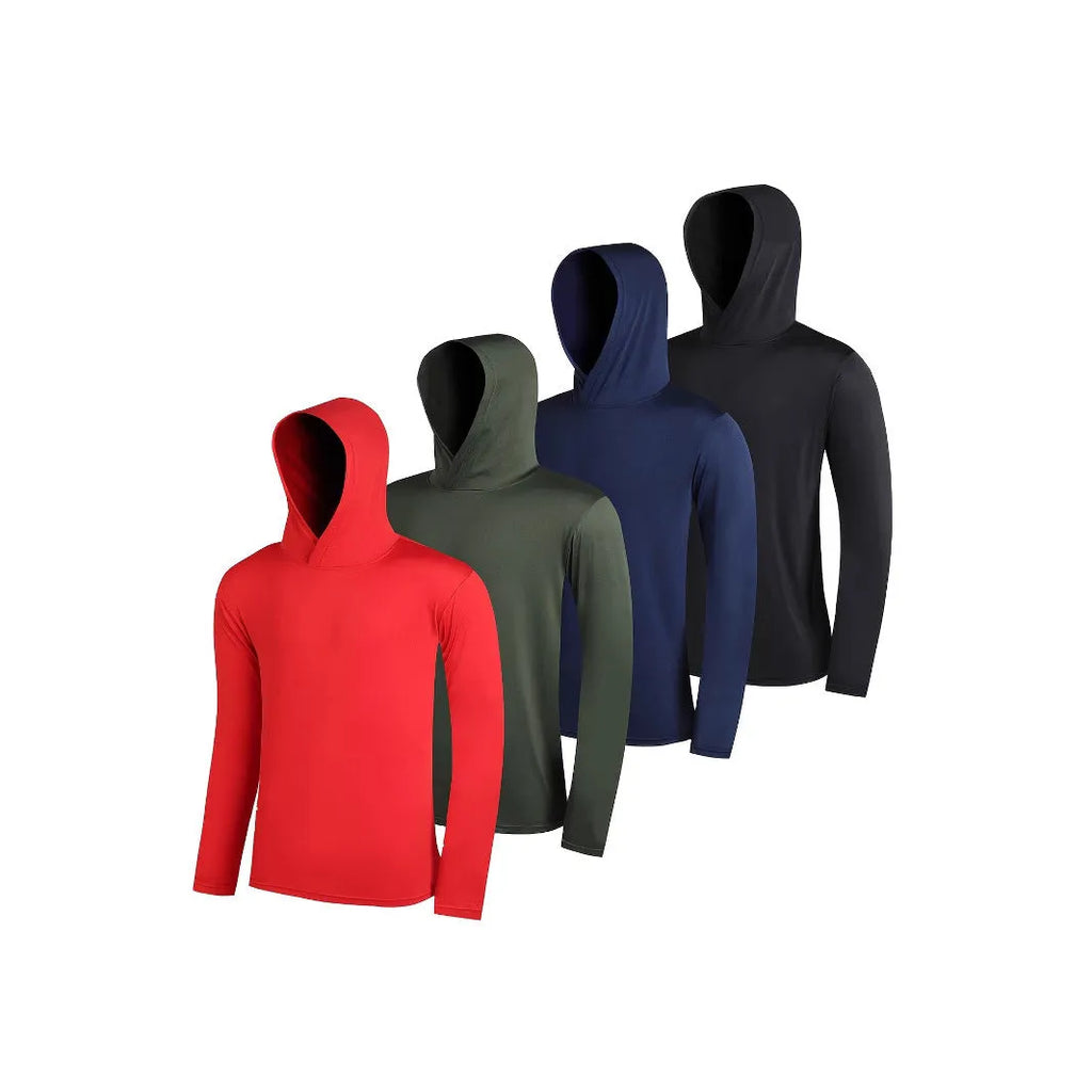 Four men's lightweight polyester hoodies bundled together, shown in assorted colours with hooded and non-hooded style options.