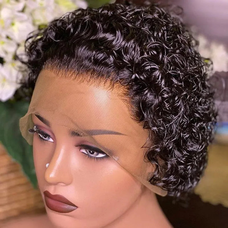 Natural black human hair pixie wig with lace cover in 13x1 colour