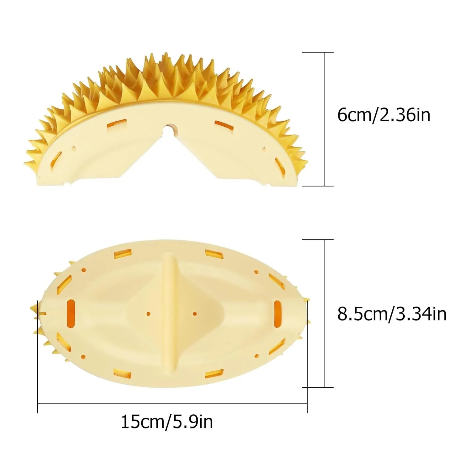 Yellow durian-shaped cat corner scratcher with massage brush installed on wall