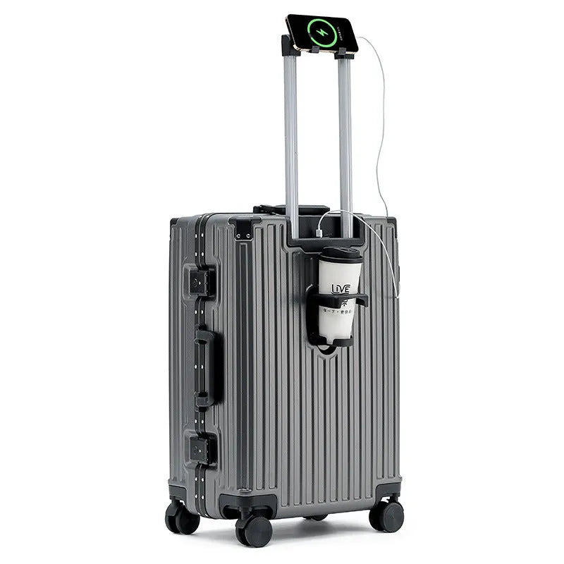 Hard-shell aluminium frame suitcase in avocado green with USB port and universal wheels.