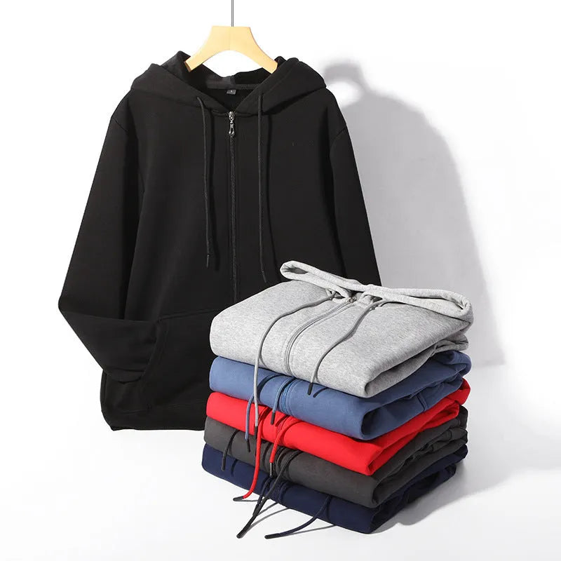 Men's beige loose-fit cotton zipper hoodie with front pockets, shown on a plus-size model.