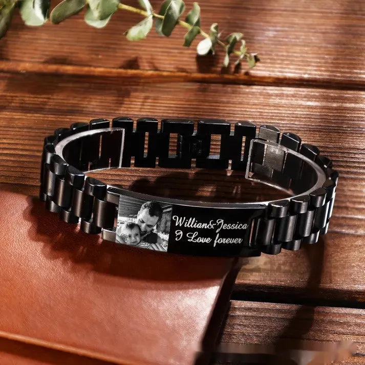 Titanium steel curved bracelet with engraved lettering in black or grey options