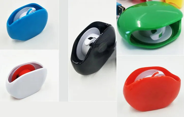 Automatic earphone cable winder retractor in PC ABS plastic, showing compact size and multiple colour options.