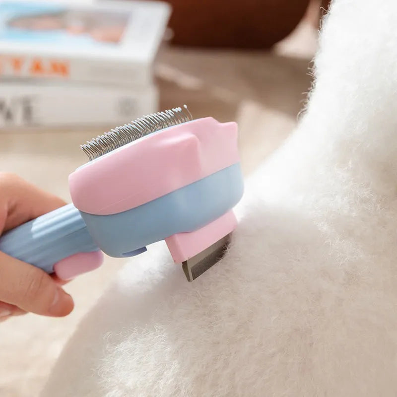 Blue double-sided pet grooming brush showing deshedding rake and dematting comb