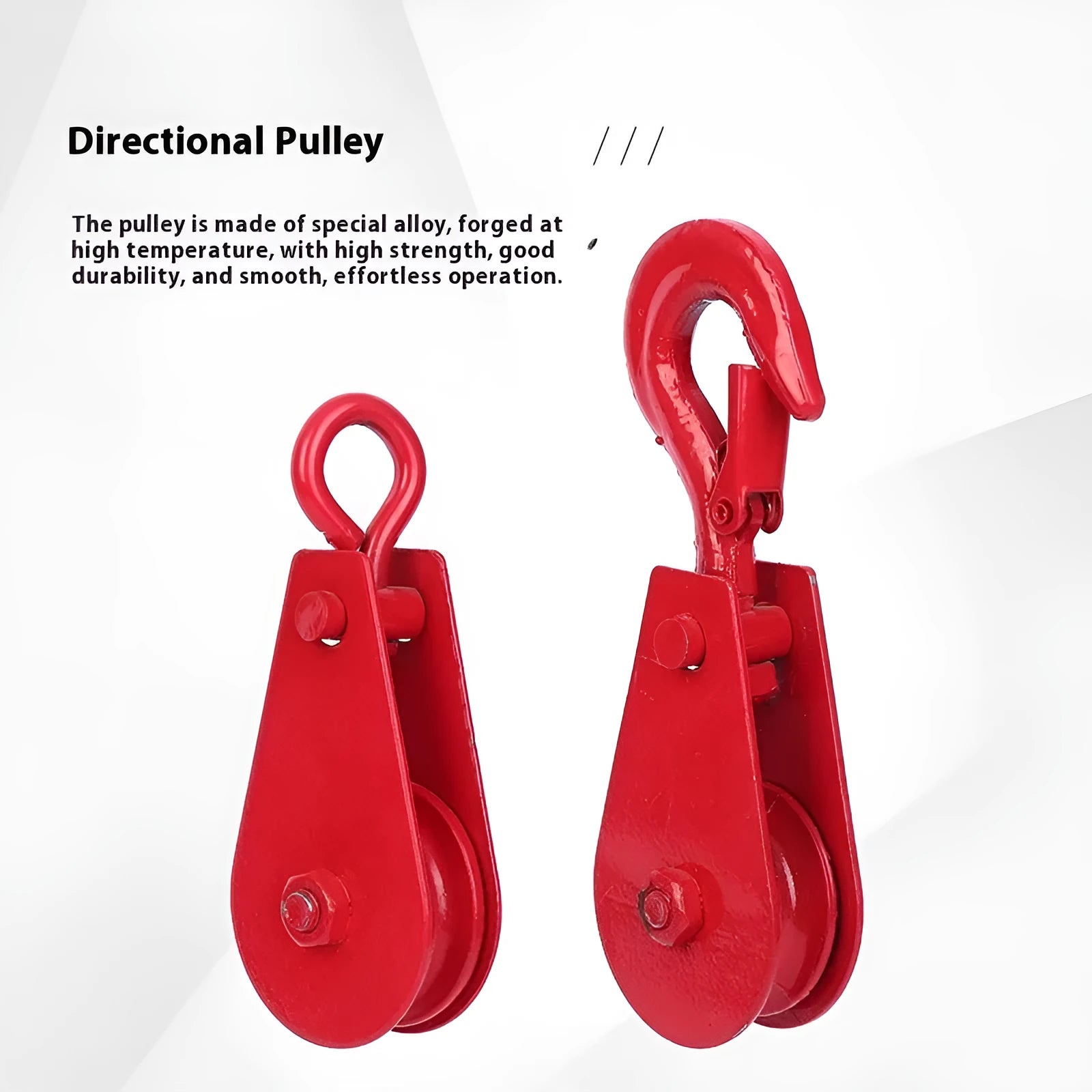 Red industrial lifting pulley with steel hook and safety latch for factory harbour construction applications