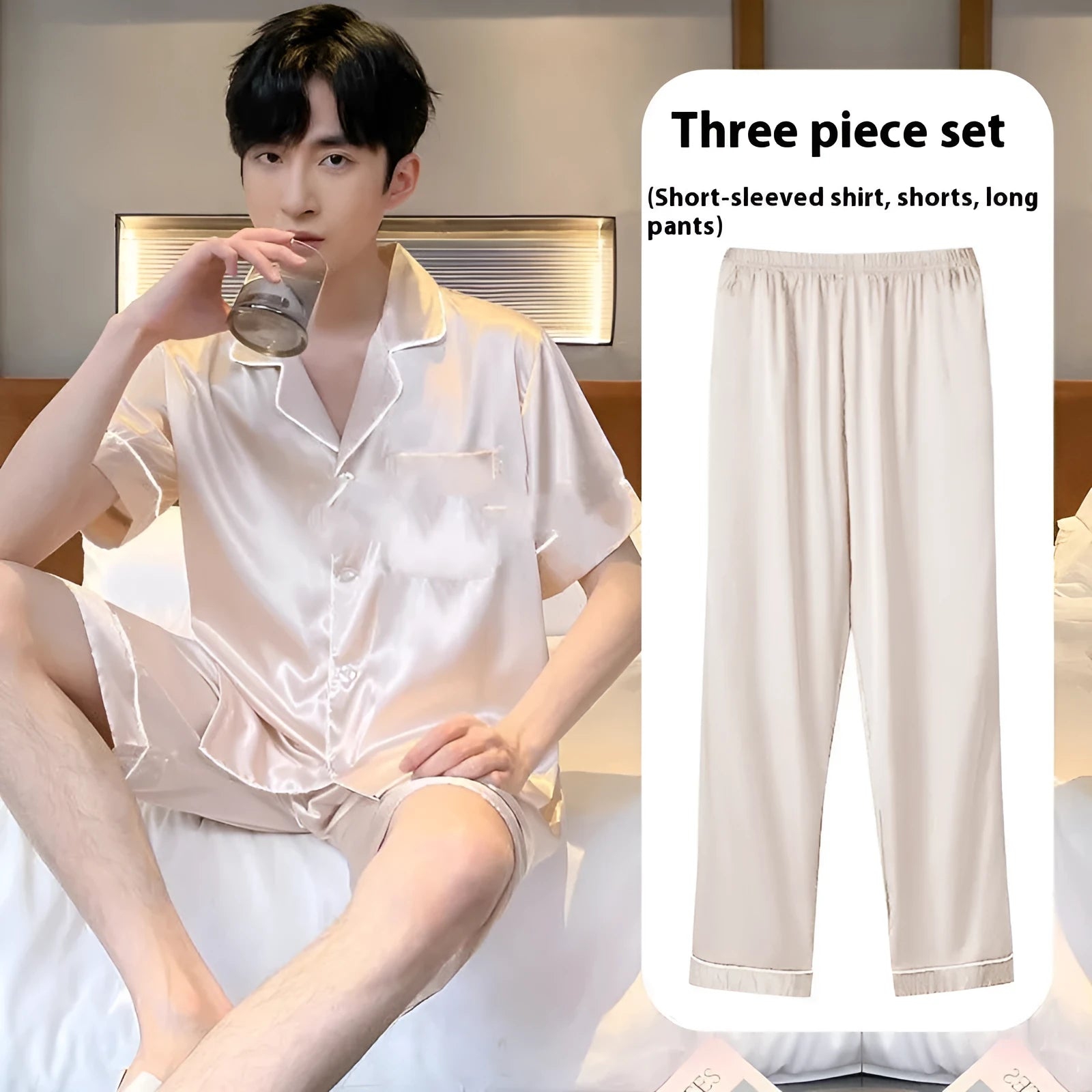 Men's three-piece ice silk home wear suit in thin fabric for summer