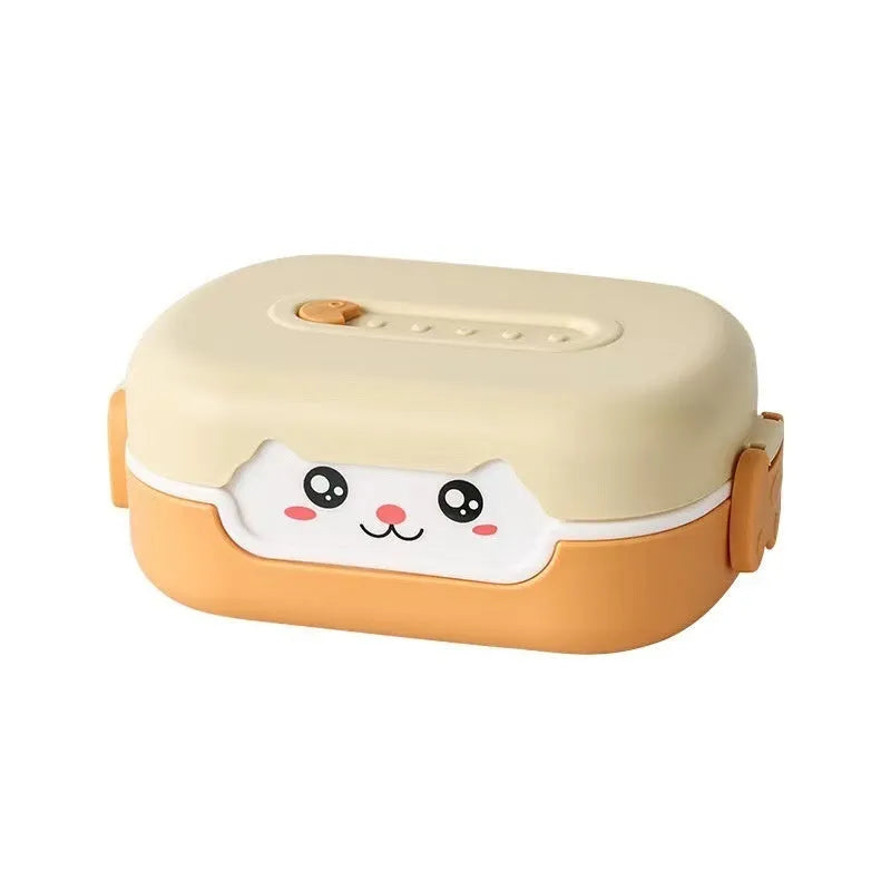 Square plastic divided lunch box showing multiple colour options including dark blue, orange, and pink and green