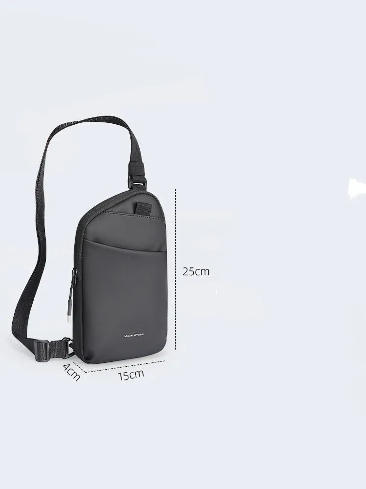 Men's black Oxford cloth crossbody bag showing reinforced stitching and simple design