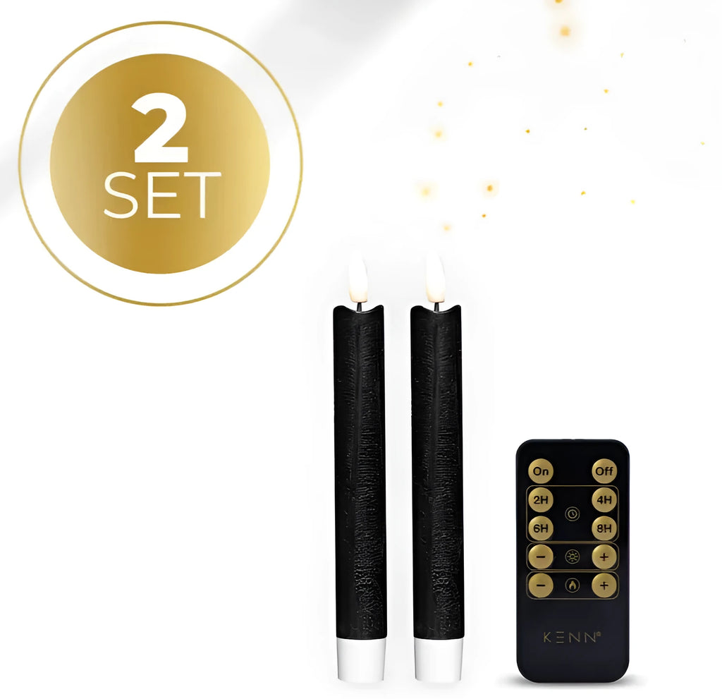 Set of four black S2 3D Flame LED taper candles showing realistic flickering light.