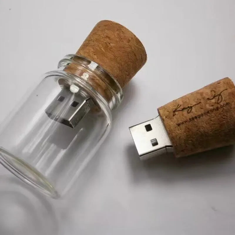 Transparent acrylic drift bottle USB flash drive with wooden cork stopper showing interior USB component