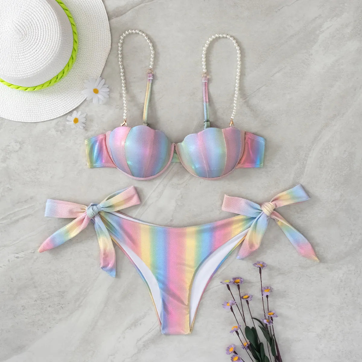 Women's Shell Rainbow Bikini Swimsuit with adjustable ties and colourful pattern