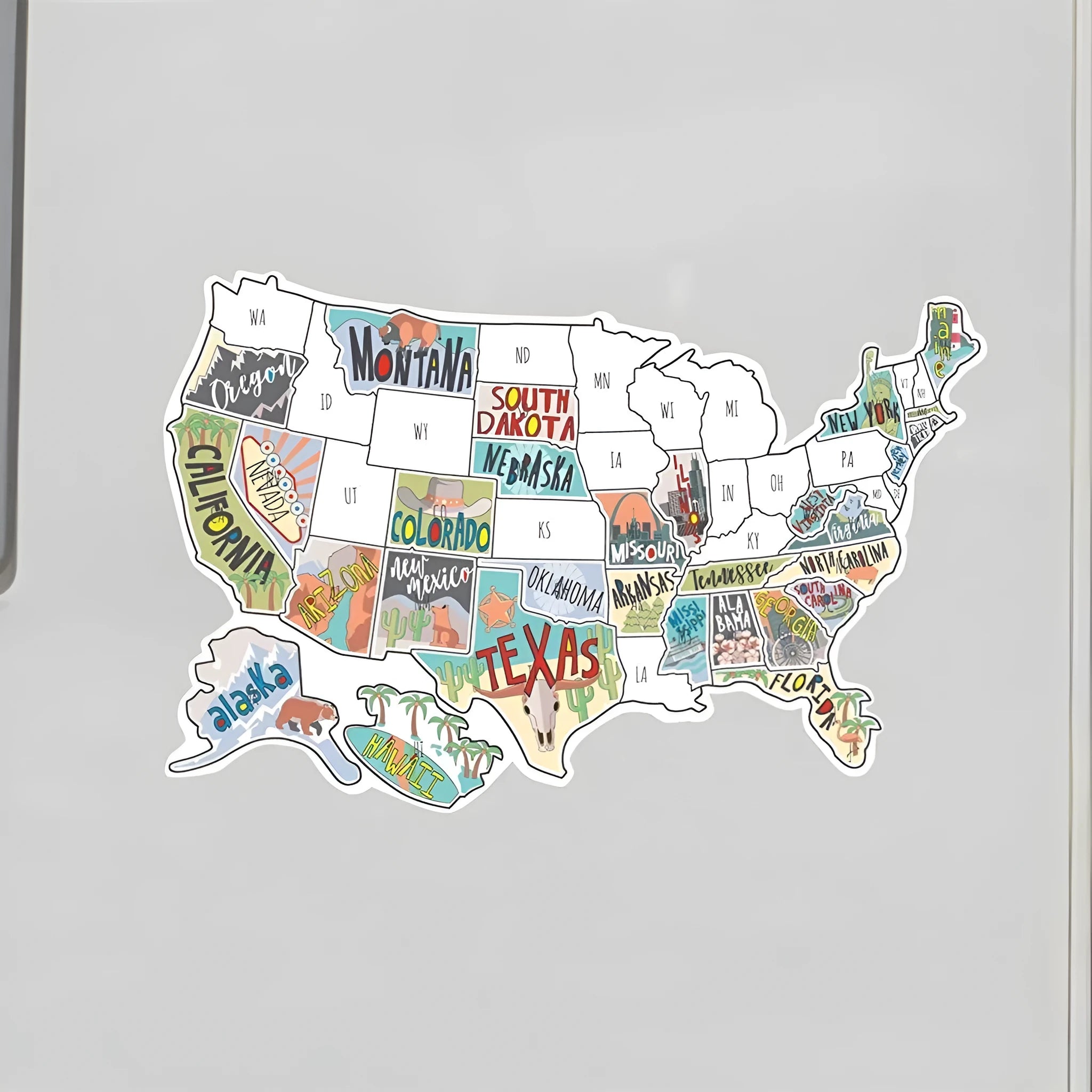 Travel-themed car sticker set with map lettering and white background on adhesive vinyl sheet.