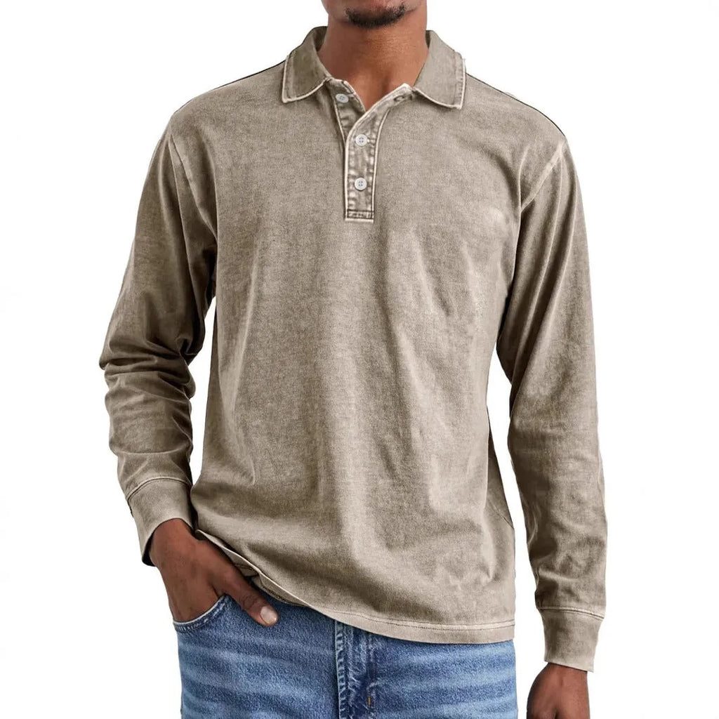 Retro washed distressed cotton long sleeve polo shirt with lapel collar in Army Green