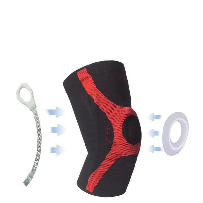 Red and grey knitted sports knee pads with silicone non-slip design for running and climbing activities