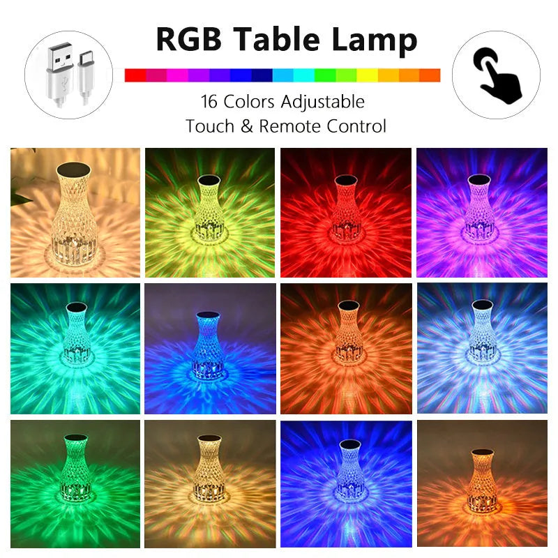 White crystal vase-shaped table lamp with remote control on a wooden surface.
