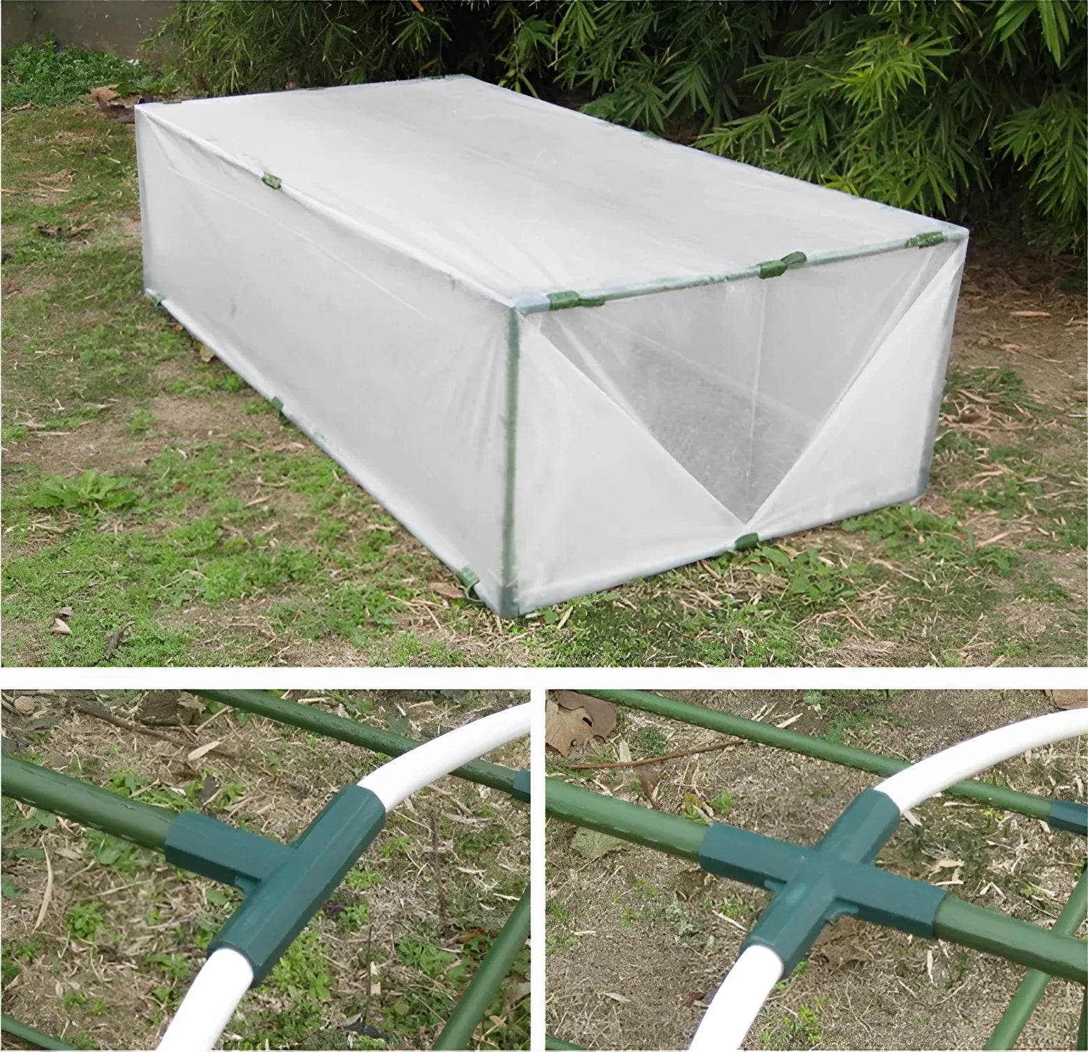 White PP plastic 3-way and 4-way garden plant support connectors for 11mm stakes.
