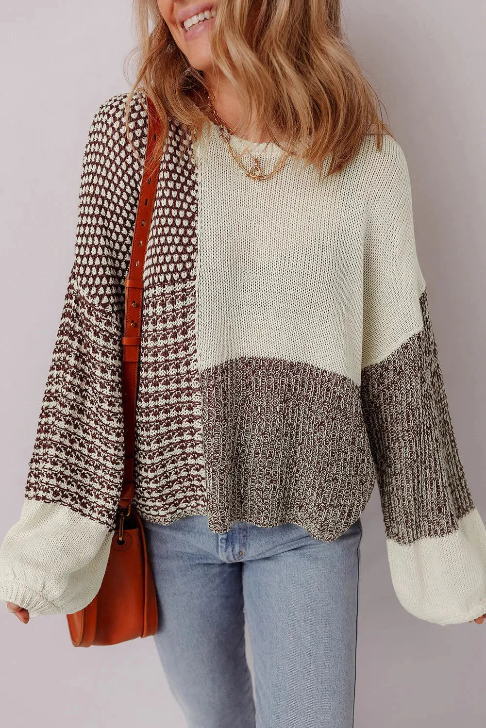 Dark khaki colour block loose sweater with back tie detail and drop shoulder design