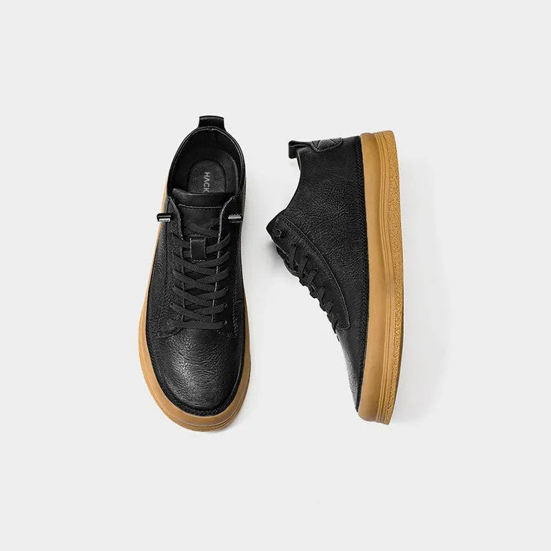 Men's black round-toe lace-up casual leather shoes with a flat rubber sole.