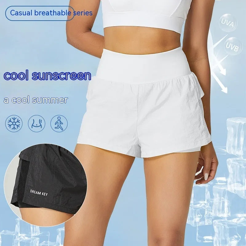 Women's loose cotton blend quick-drying sports shorts shown in multiple colours: white, black, blue, yellow, and pink.