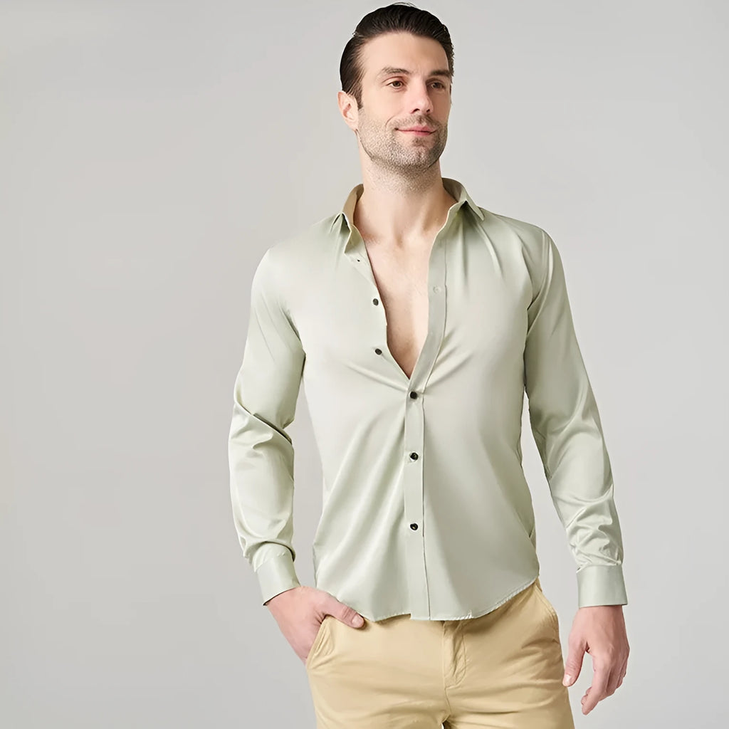 Men's stretch long sleeve polyester work shirt on a hanger, showing button front and long sleeves.