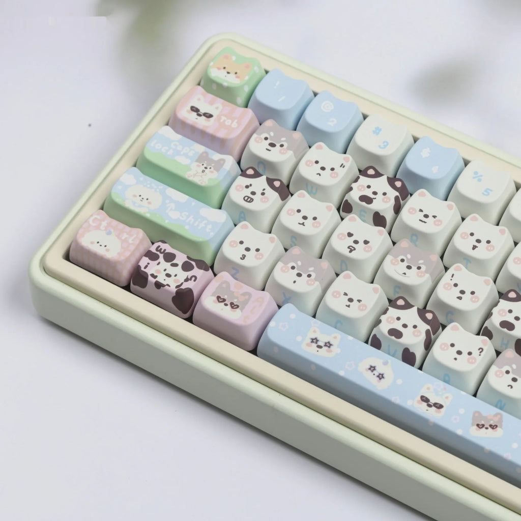 Complete set of PBT keycaps with cat and puppy sublimation designs for mechanical keyboards