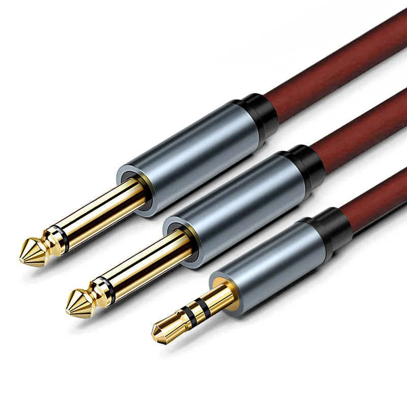 3.5mm to dual 6.5mm audio cable with gold-plated connectors in black PVC finish