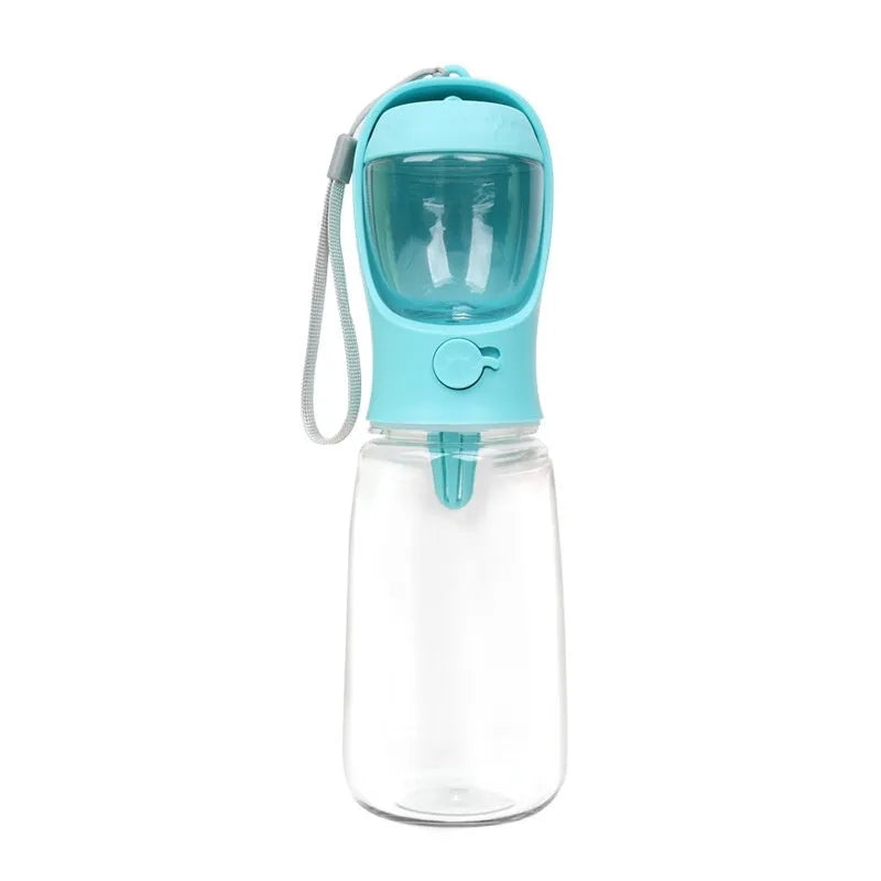 Blue portable plastic dog drinking cup with dual-use design for walks.