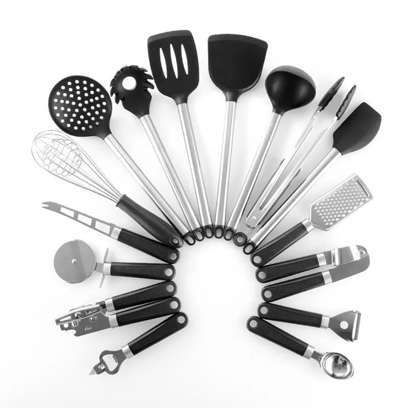 Black silicone kitchen utensil set with stainless steel handles - 16 pieces for cooking