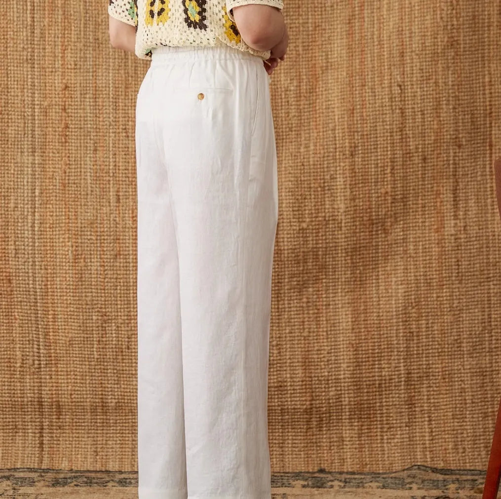Women's linen high waist trousers with elasticated waistband in navy blue, straight-leg cut with lace detail