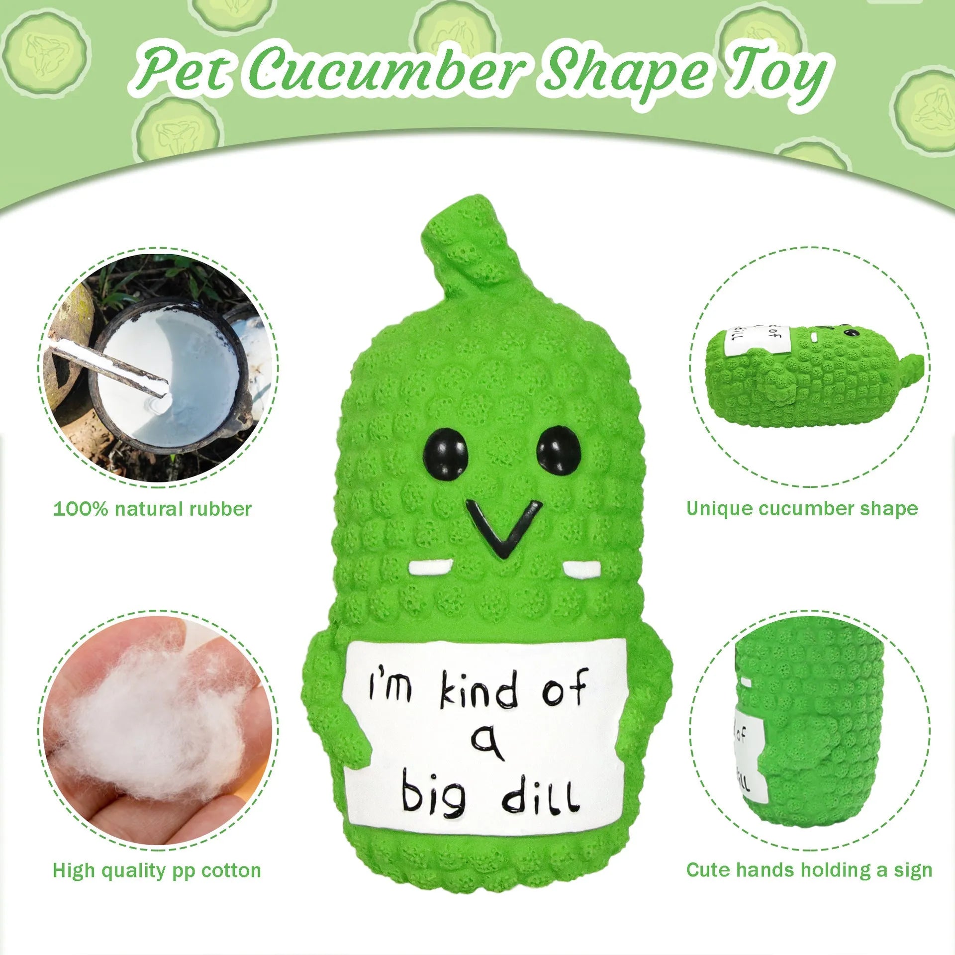 Green latex pickle-shaped dog squeaky toy with a textured surface.