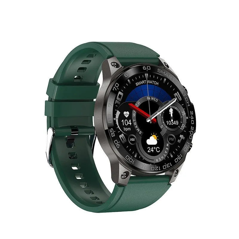 Bluetooth call sports watch with round AMOLED display on a silicone strap, showing health metrics.