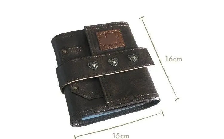 Brown retro-style notebook with leather buckle on PU cover, showing loose-leaf binder binding and A7 size