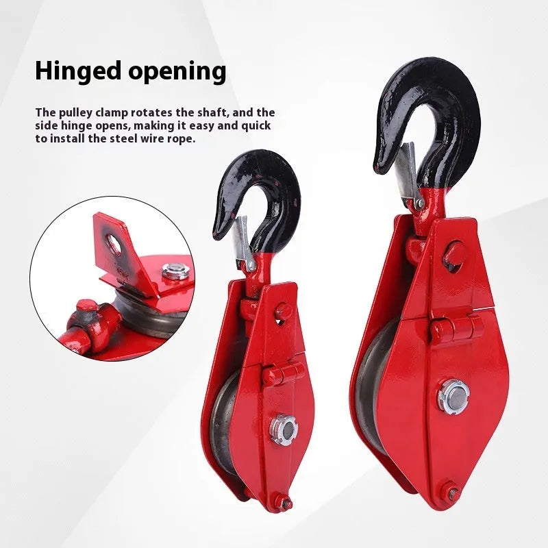 Red industrial lifting pulley with steel hook and safety latch for factory harbour construction applications