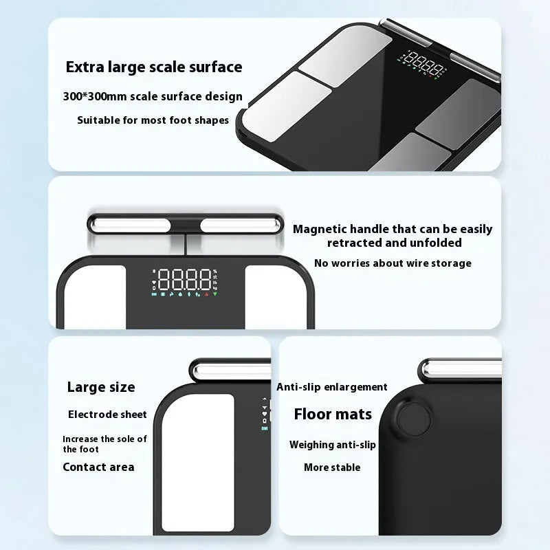 Black electronic body fat scale with tempered glass platform and colour screen display