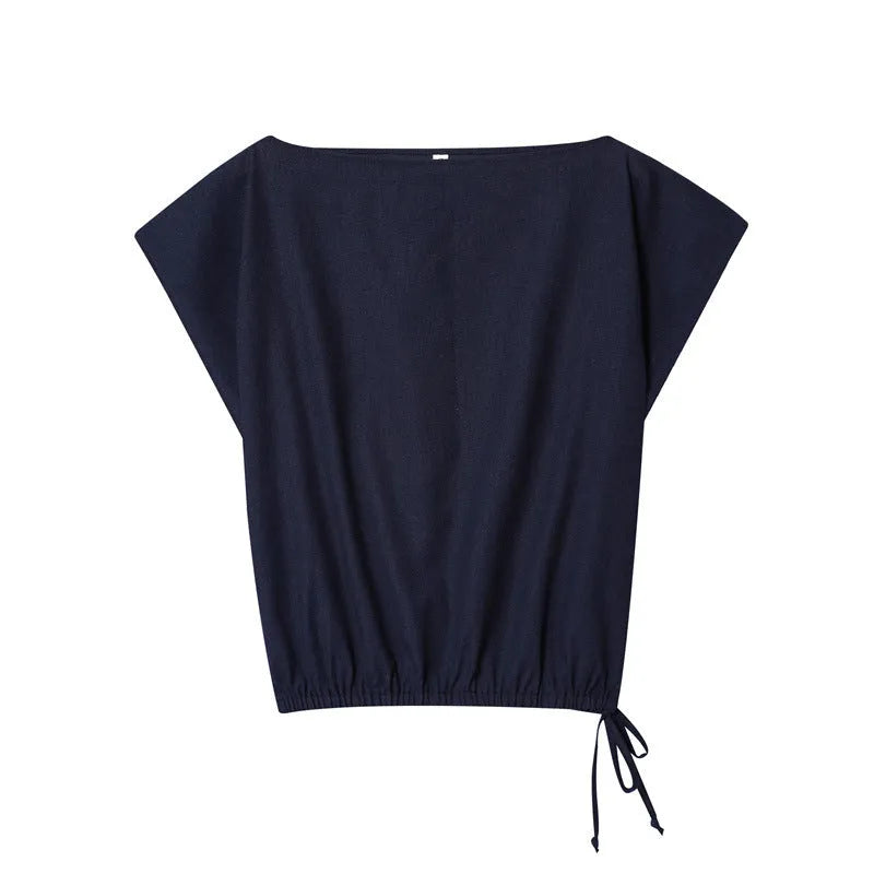 Women's linen blend shirt and trousers set with flounced sleeves in Asian sizes