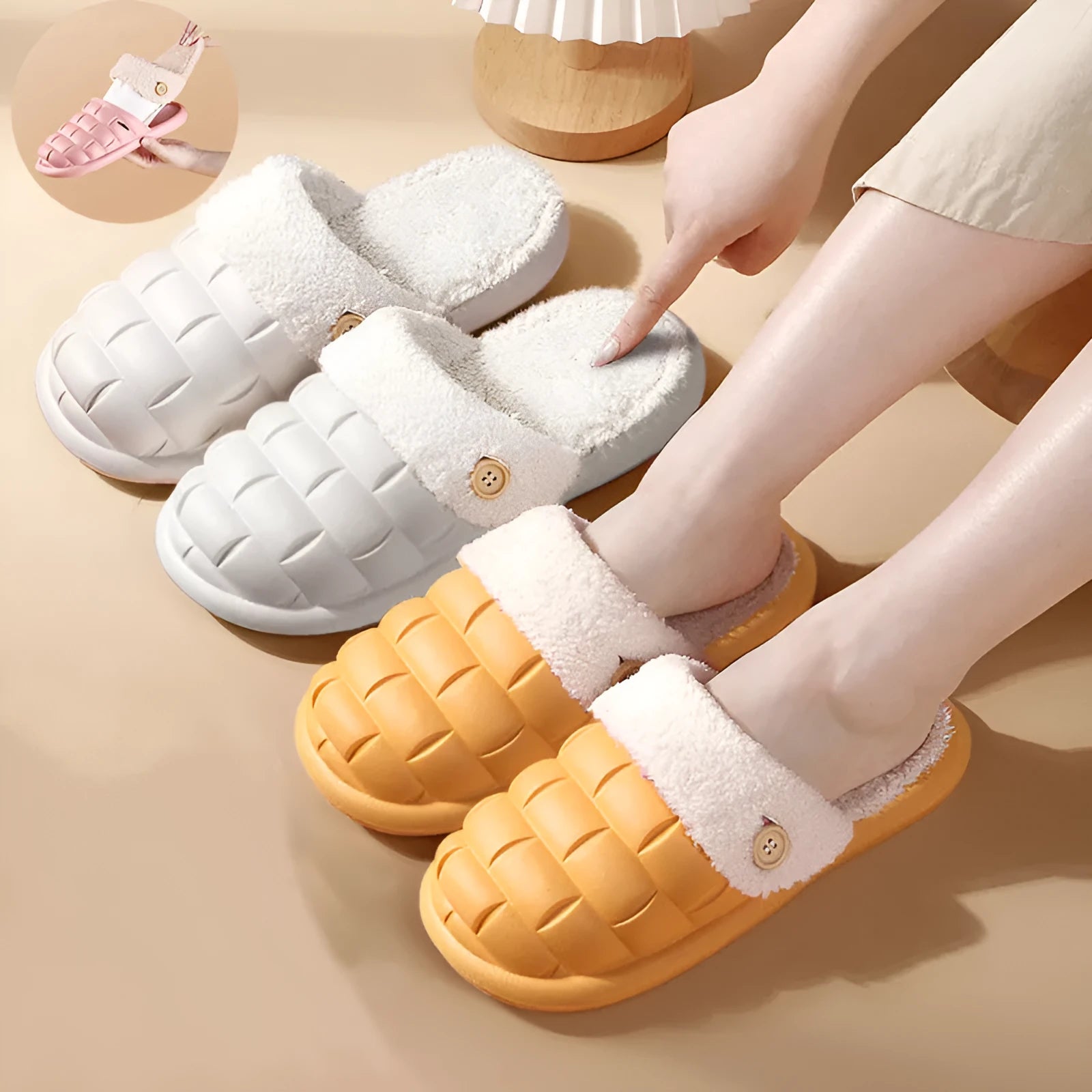 Women's detachable plush-lined EVA slippers in pink with non-slip soles for winter indoor wear
