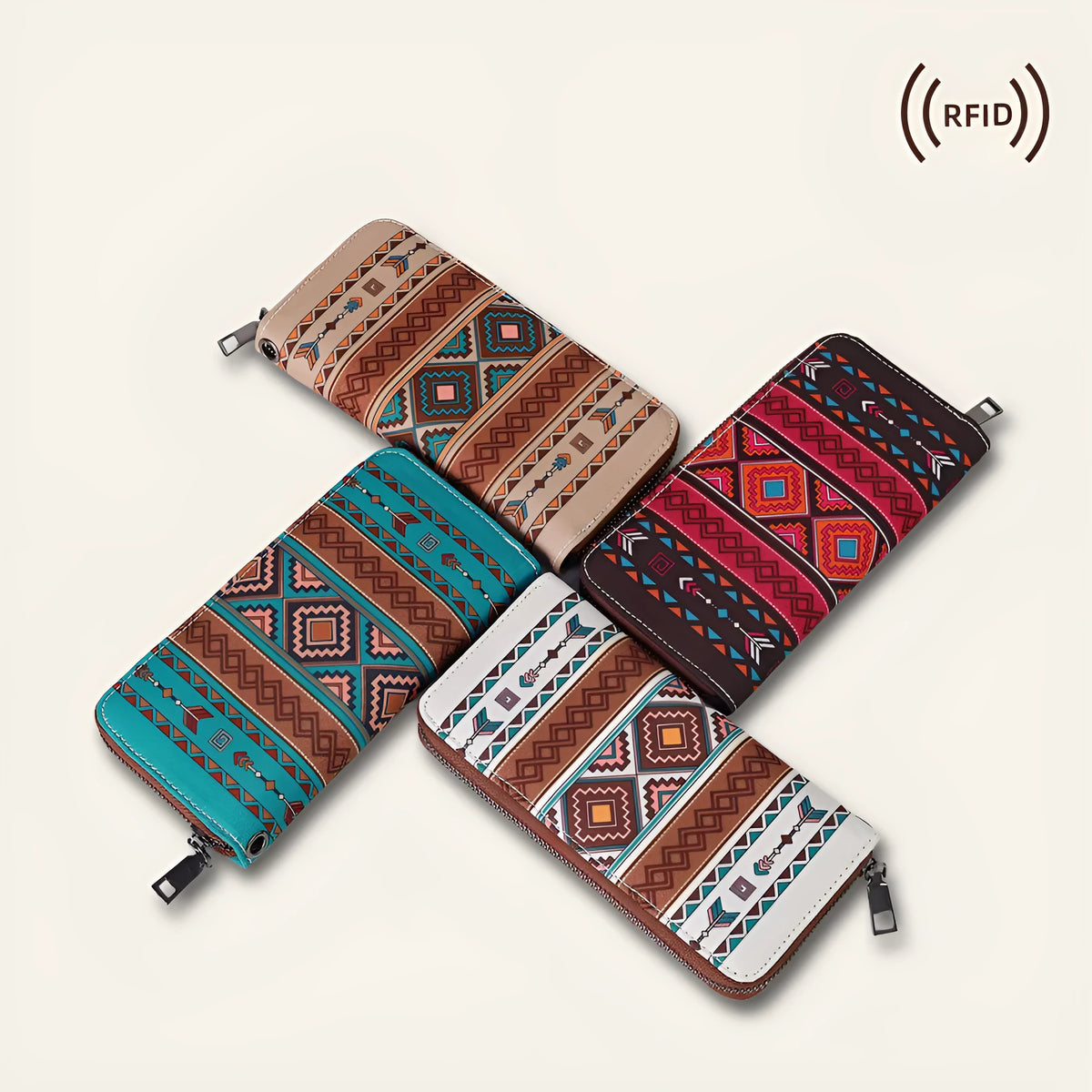 Bohemian wind belt RFID wallet in canvas with stripe patterns showing 20x10x2cm dimensions