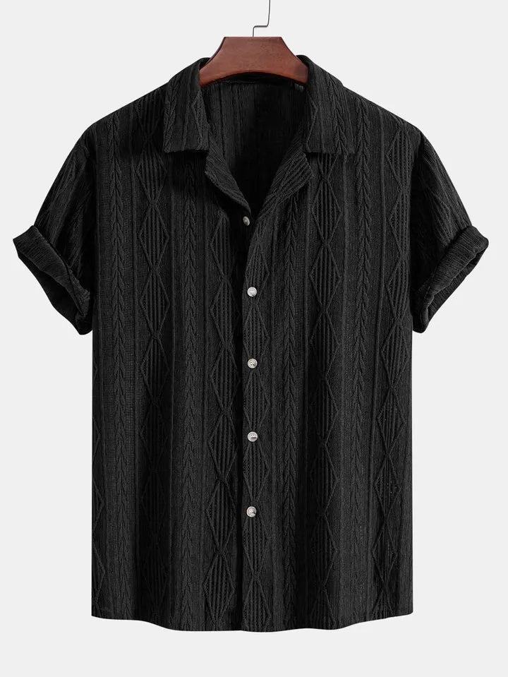 Men's loose fit short sleeve cardigan in solid colour on a hanger