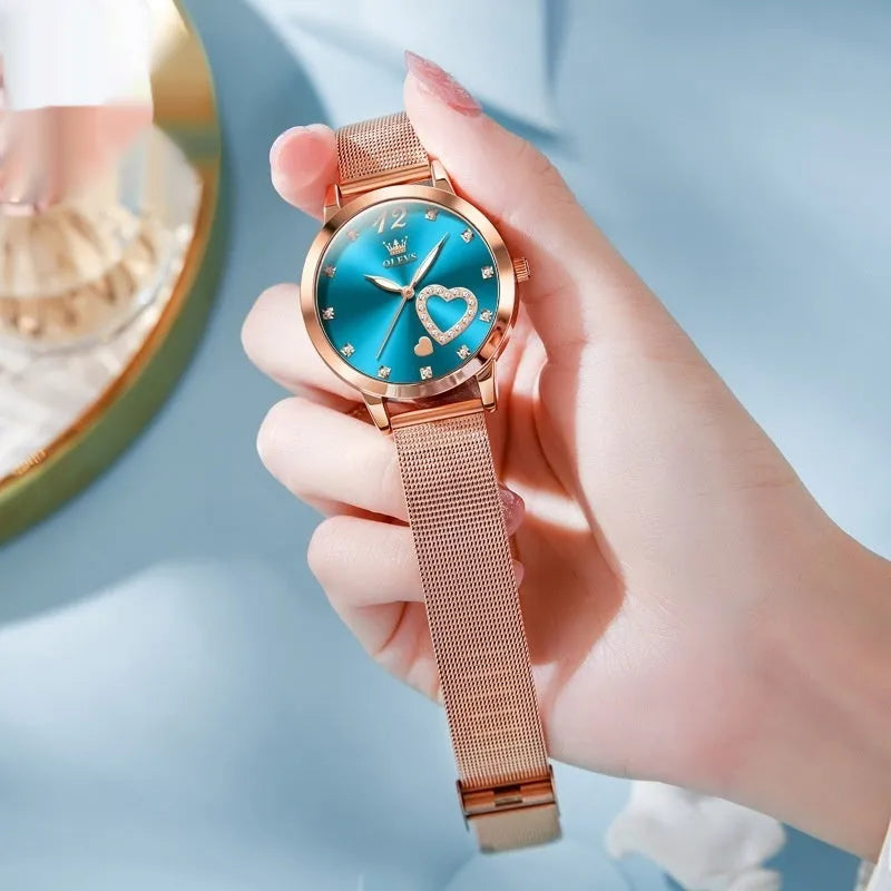Women's fashion watch with mesh strap, 36mm alloy case, showing six dial colour options