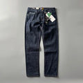 Men's straight leg denim trousers in a primary colour, showing the mid waist fit and long leg.