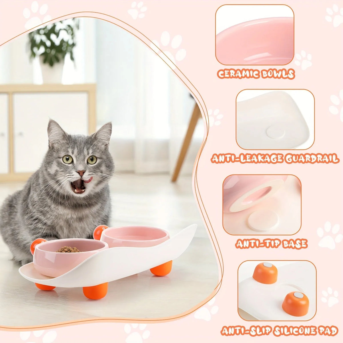 Pink ceramic double pet bowl set with raised non-slip base for cat food and water.