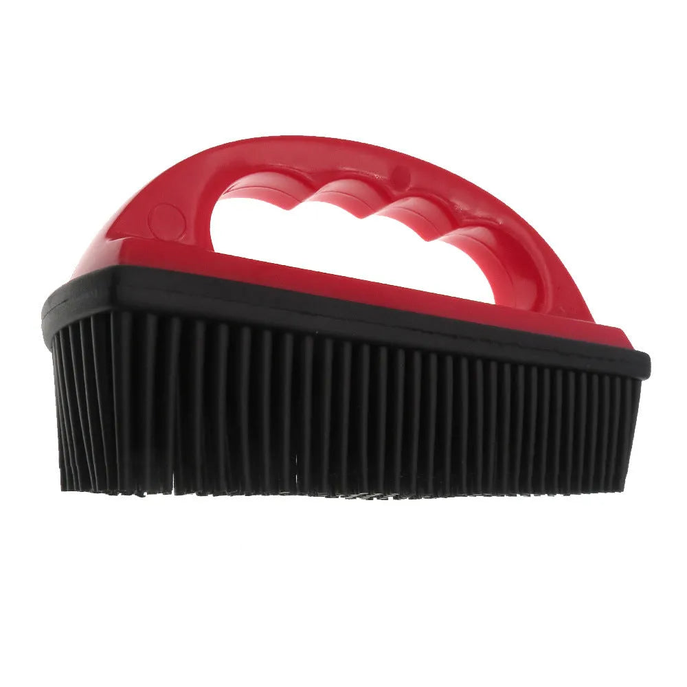 Red pet hair removal brush measuring 160mm by 85mm for grooming and carpet cleaning