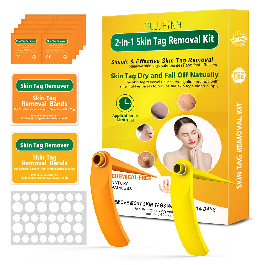Orange-yellow mole remover tool kit with two devices, rubber rings, alcohol swabs, and accessories