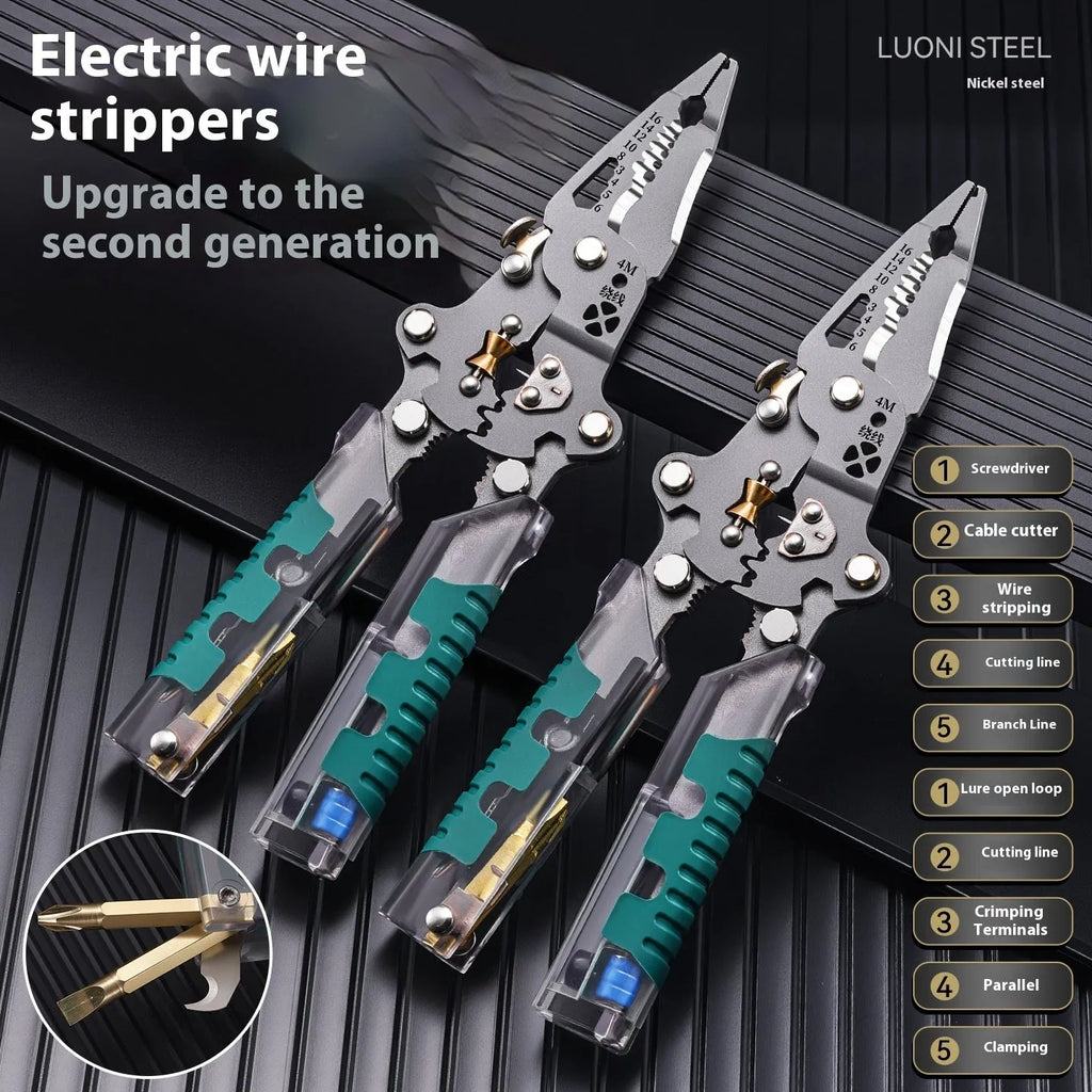 Pointed electricians pliers and wire stripper tool with rust-resistant steel cutting edge