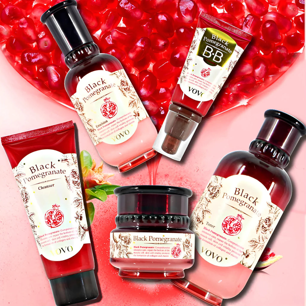Pomegranate skincare set including cleanser, toner, serum, moisturiser, and eye cream products