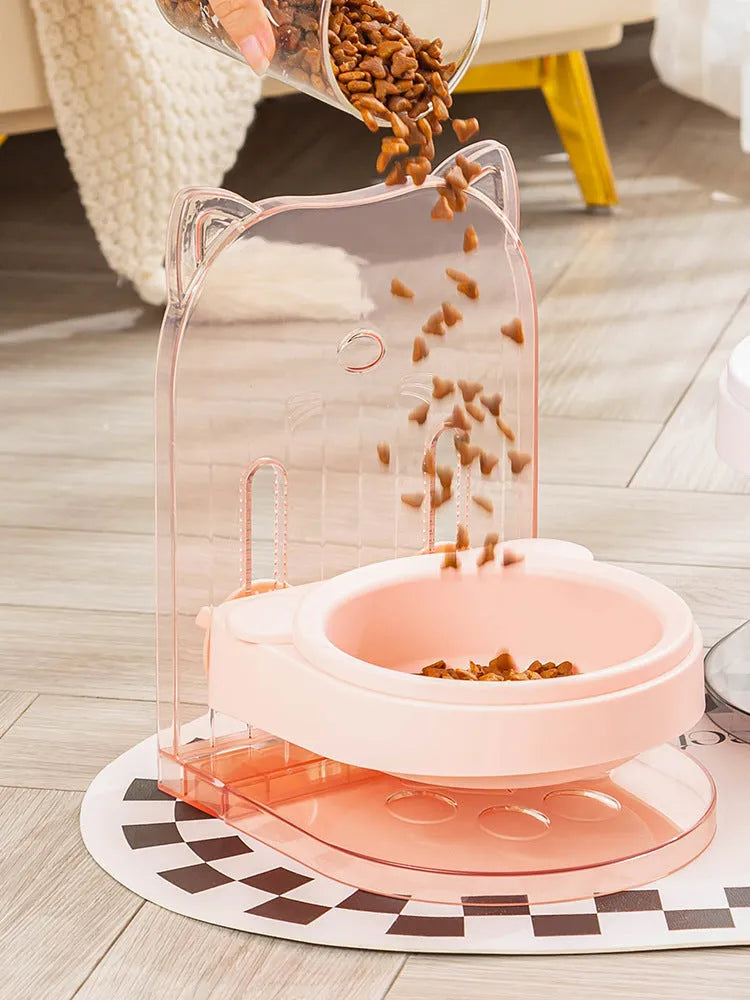Grey or pink cat ear pet feeding bowl with anti-spill rim and adjustable height mechanism