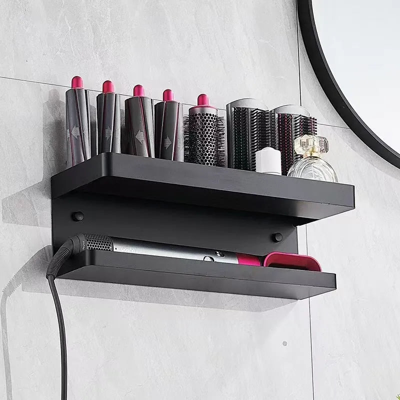 White double-layer aluminium punch-free storage rack holding Marcel Wavers on a bathroom wall.