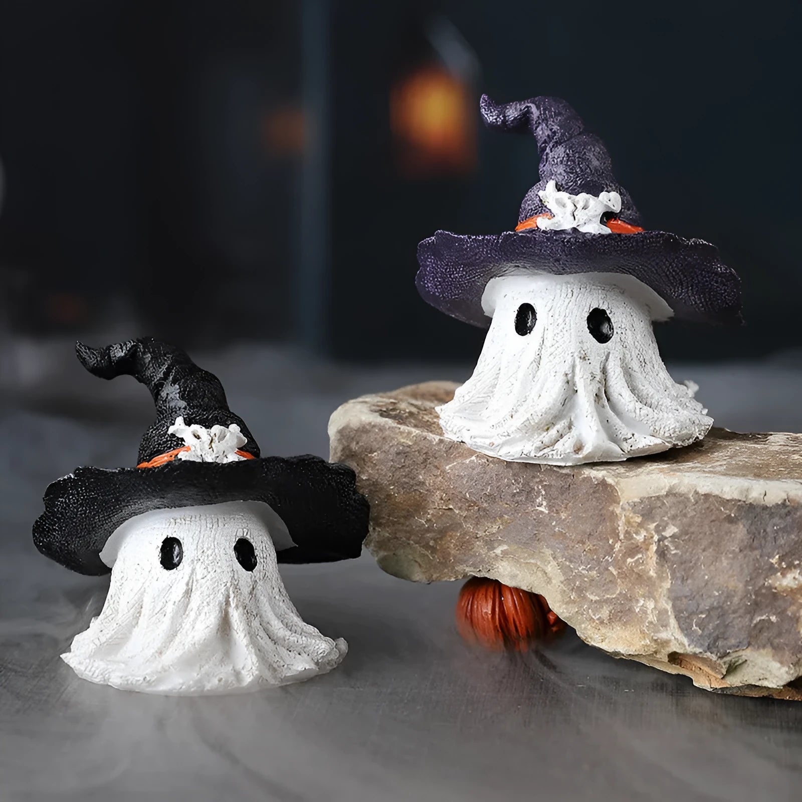 Resin wizard hat ornament decoration in black and purple colours for Halloween and holiday displays